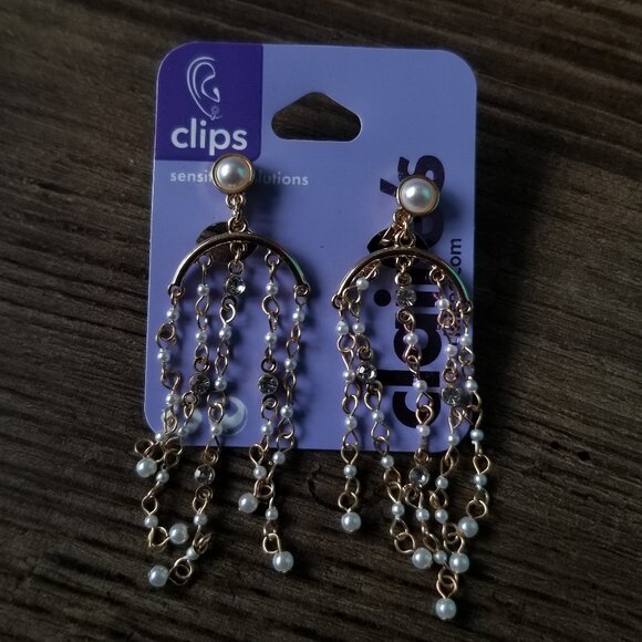 Clip-on Earrings - Dangling Faux Pearls - Picture 1 of 3